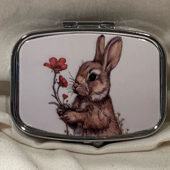 Bunny Flowers Travel Pill Box 2 Compartment Decorative Medicine Case Metal NEW - Picture 1 of 5